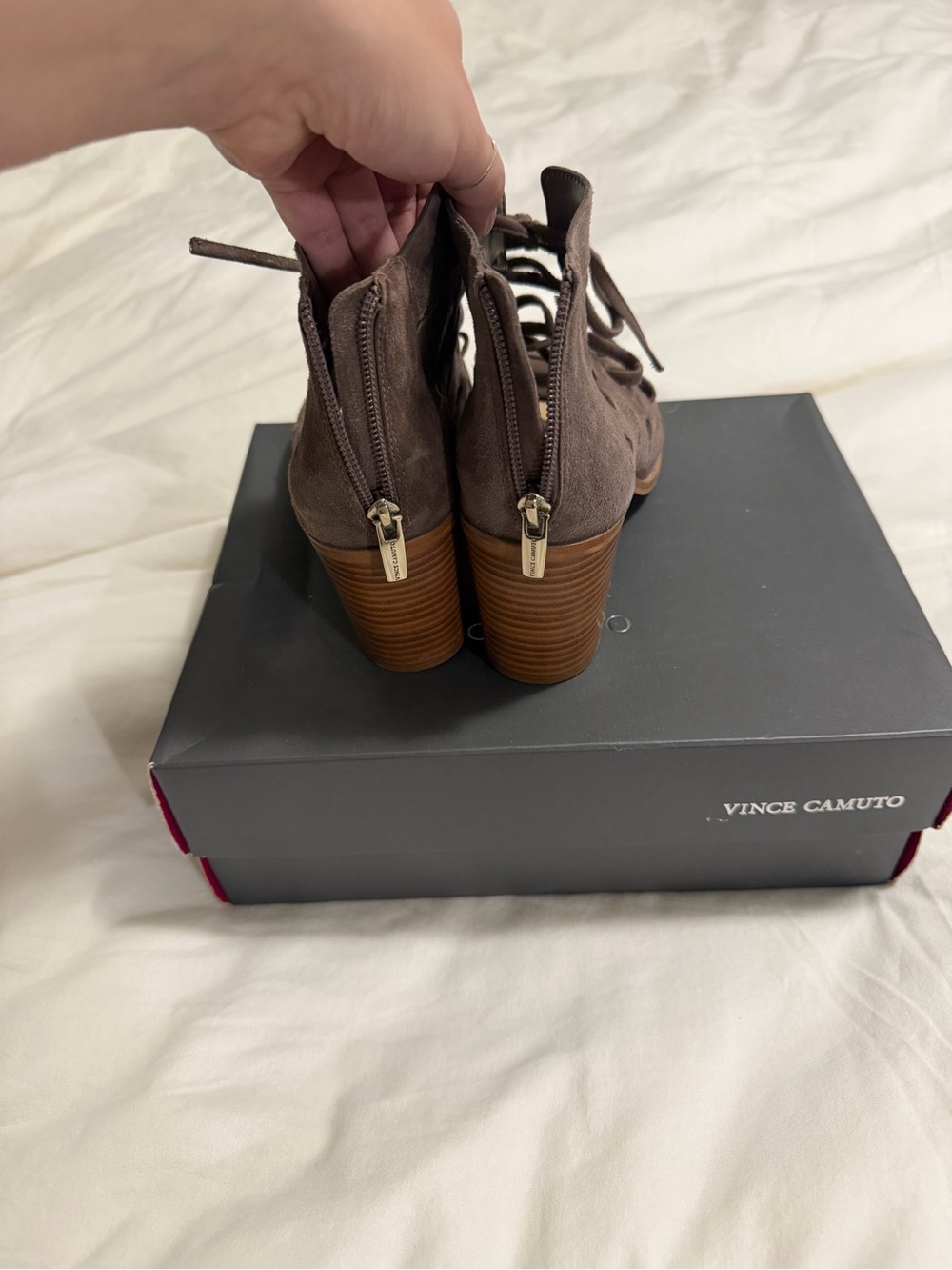 Vince Camuto Taupe Brown Suede Cutout Lace-Up Open-Toe Booties - Picture 4 of 7